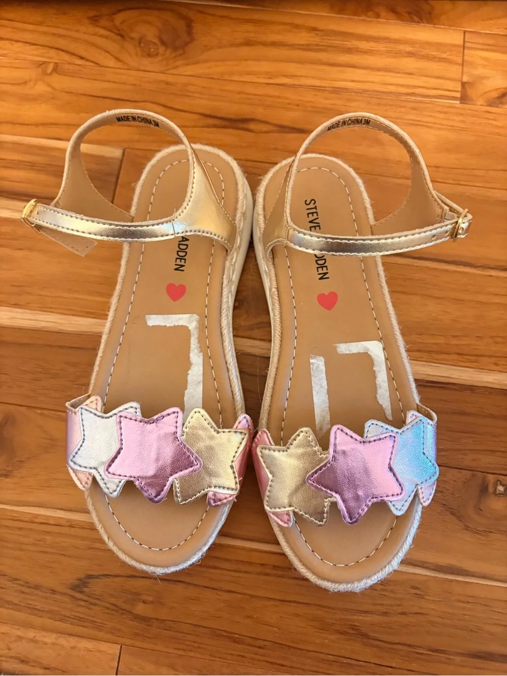 Steve Madden Metallic Gold Kids' Star Strap Sandals with Pink & Blue Accents